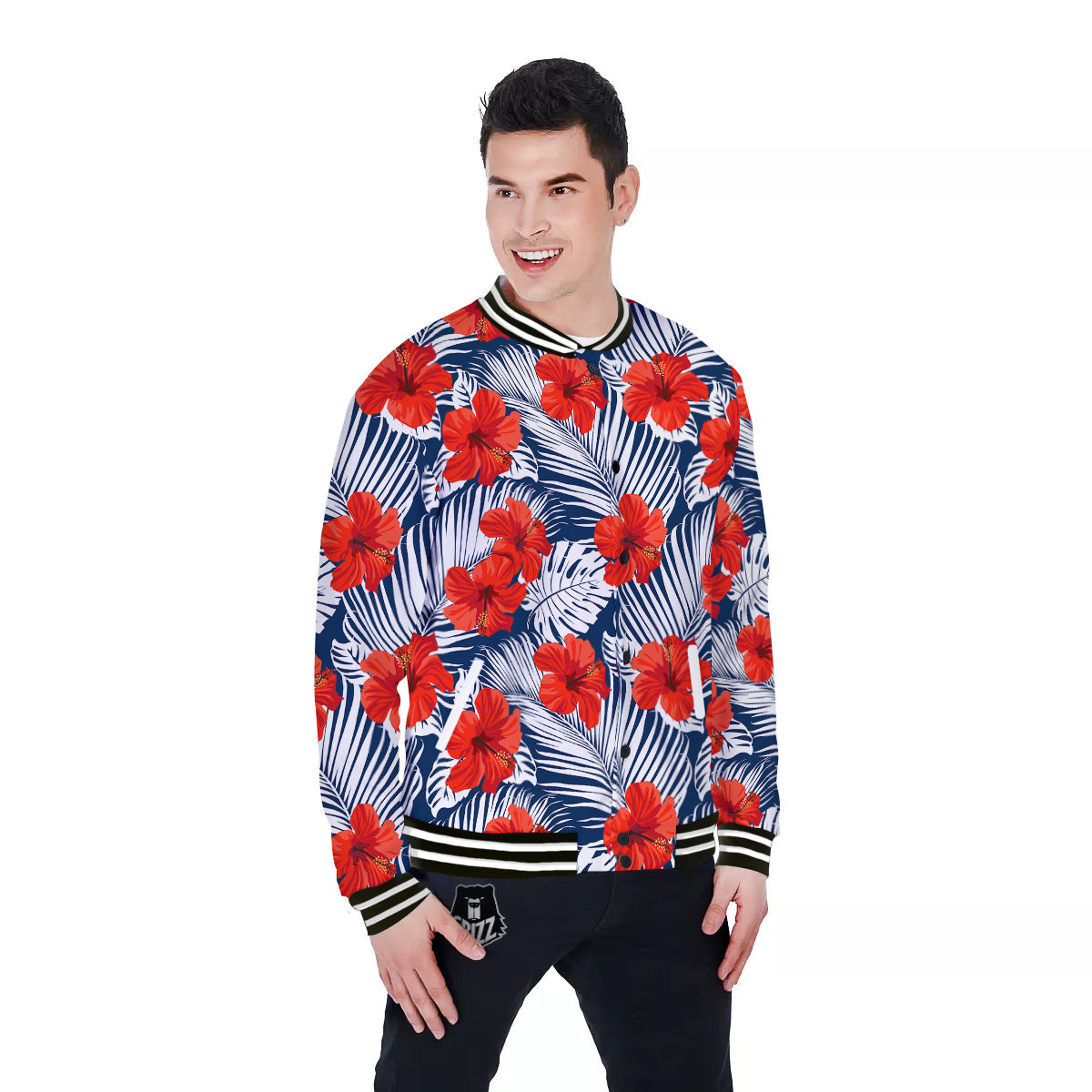 Hibiscus White Leaves Print Pattern Baseball Jacket-grizzshop