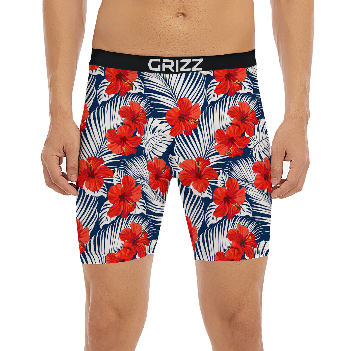 Hibiscus White Leaves Print Pattern Boxer Briefs-grizzshop