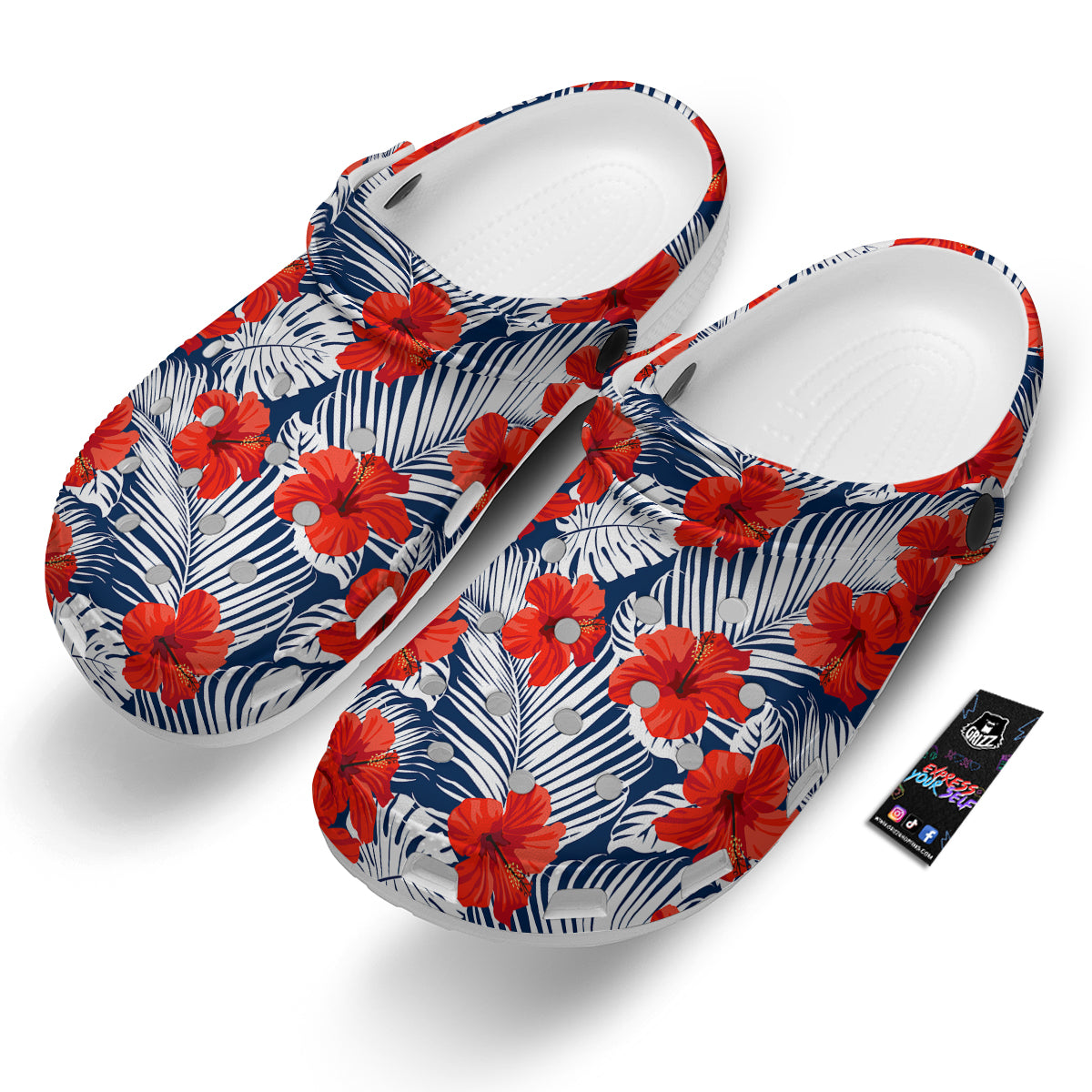 Hibiscus White Leaves Print Pattern Clog-grizzshop