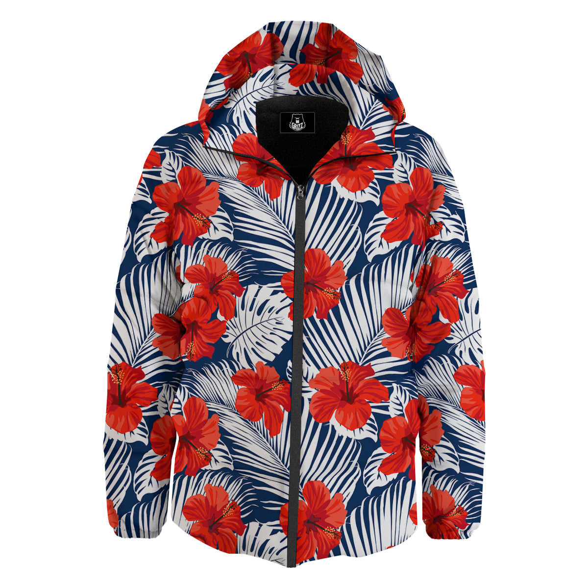 Hibiscus White Leaves Print Pattern Down Jacket-grizzshop