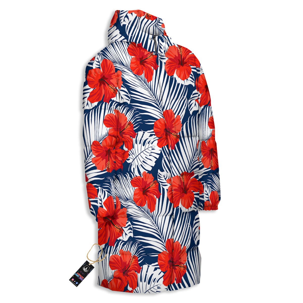 Hibiscus White Leaves Print Pattern Long Down Jacket-grizzshop