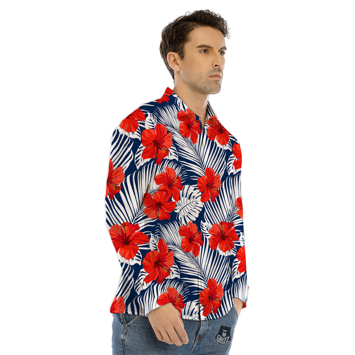 Hibiscus White Leaves Print Pattern Men's Dress Shirts-grizzshop