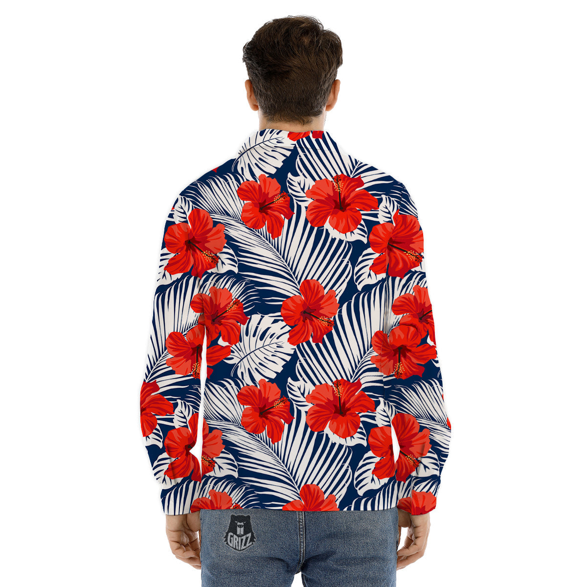 Hibiscus White Leaves Print Pattern Men's Dress Shirts-grizzshop