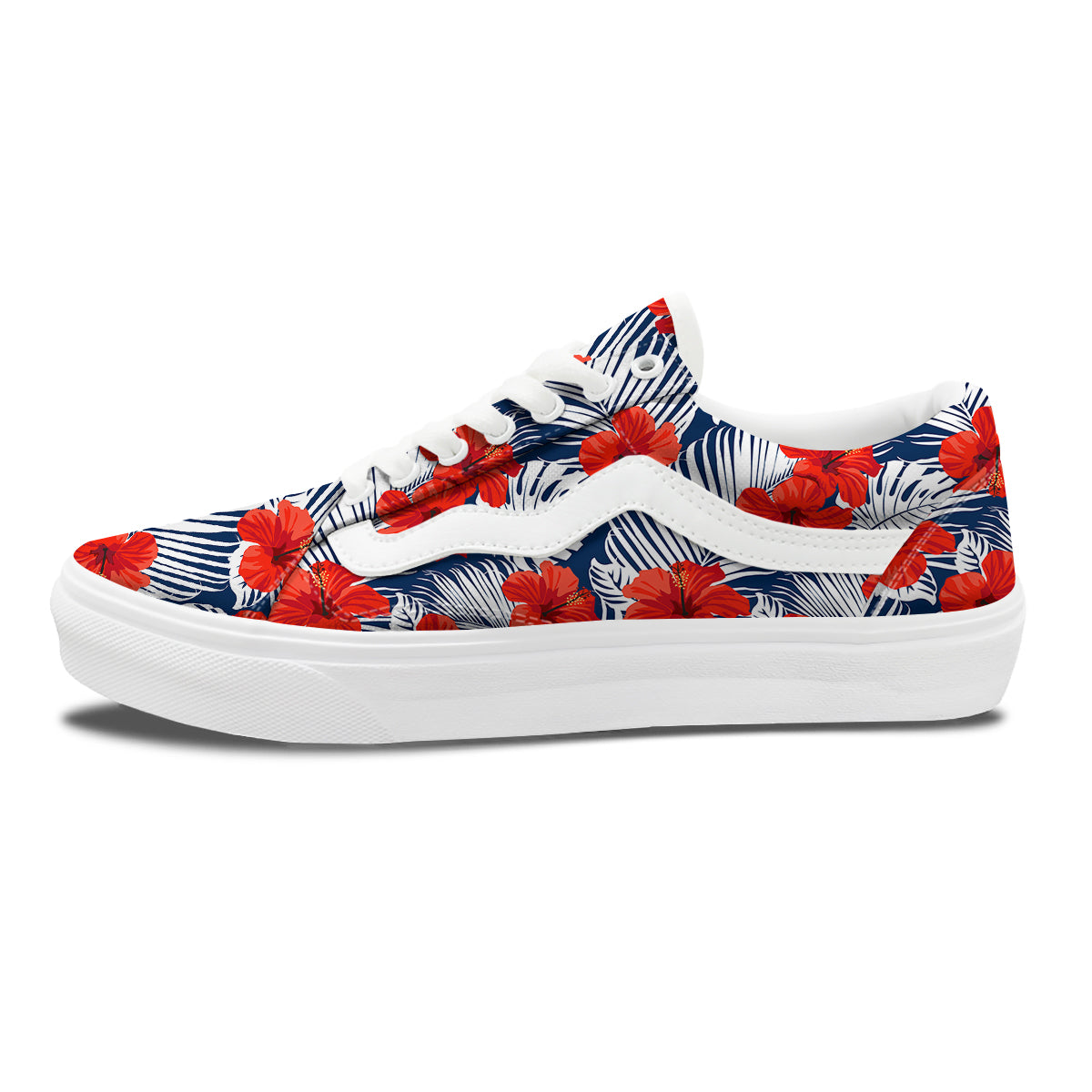 Hibiscus White Leaves Print Pattern Skate Shoes-grizzshop