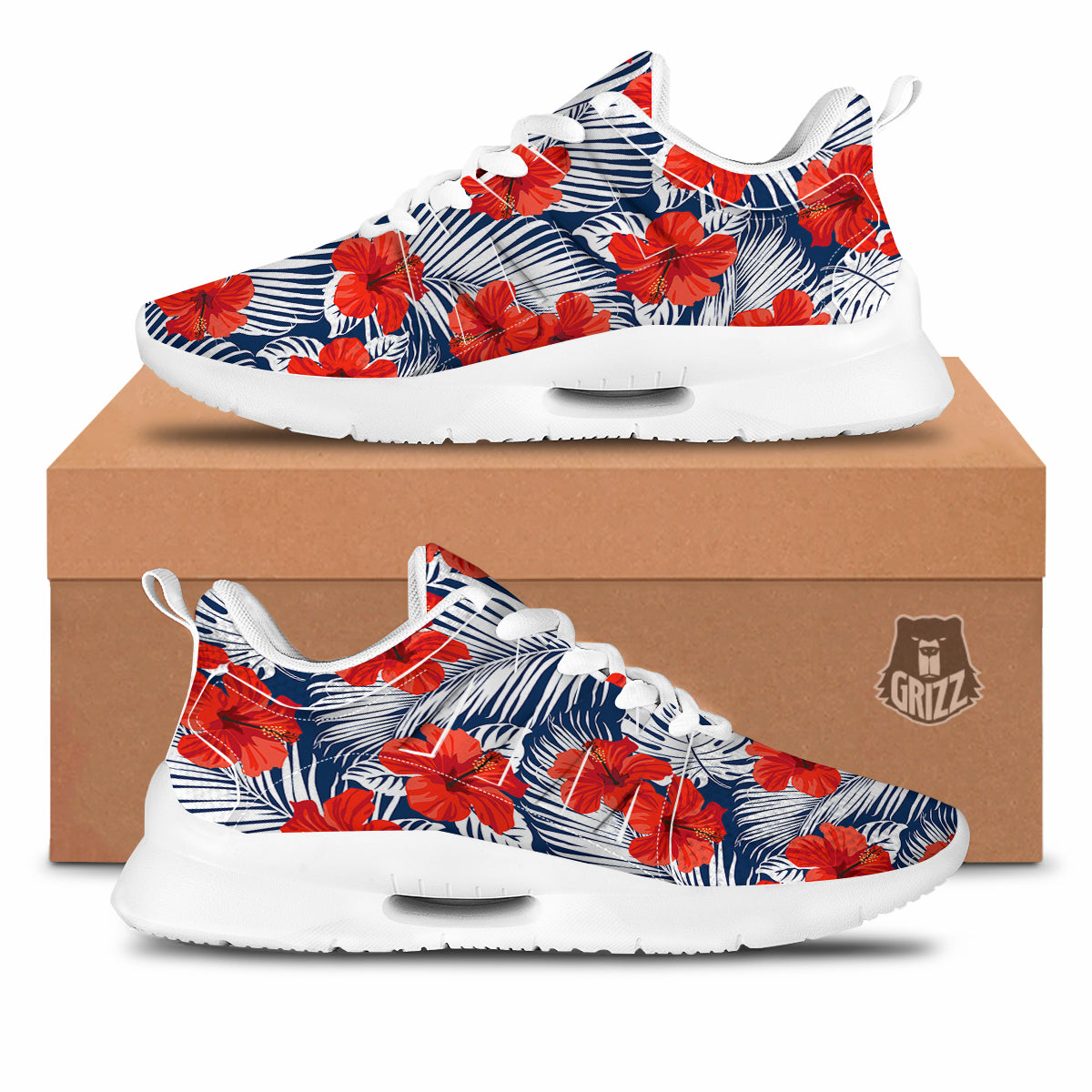 Hibiscus White Leaves Print Pattern Tennis Shoes-grizzshop