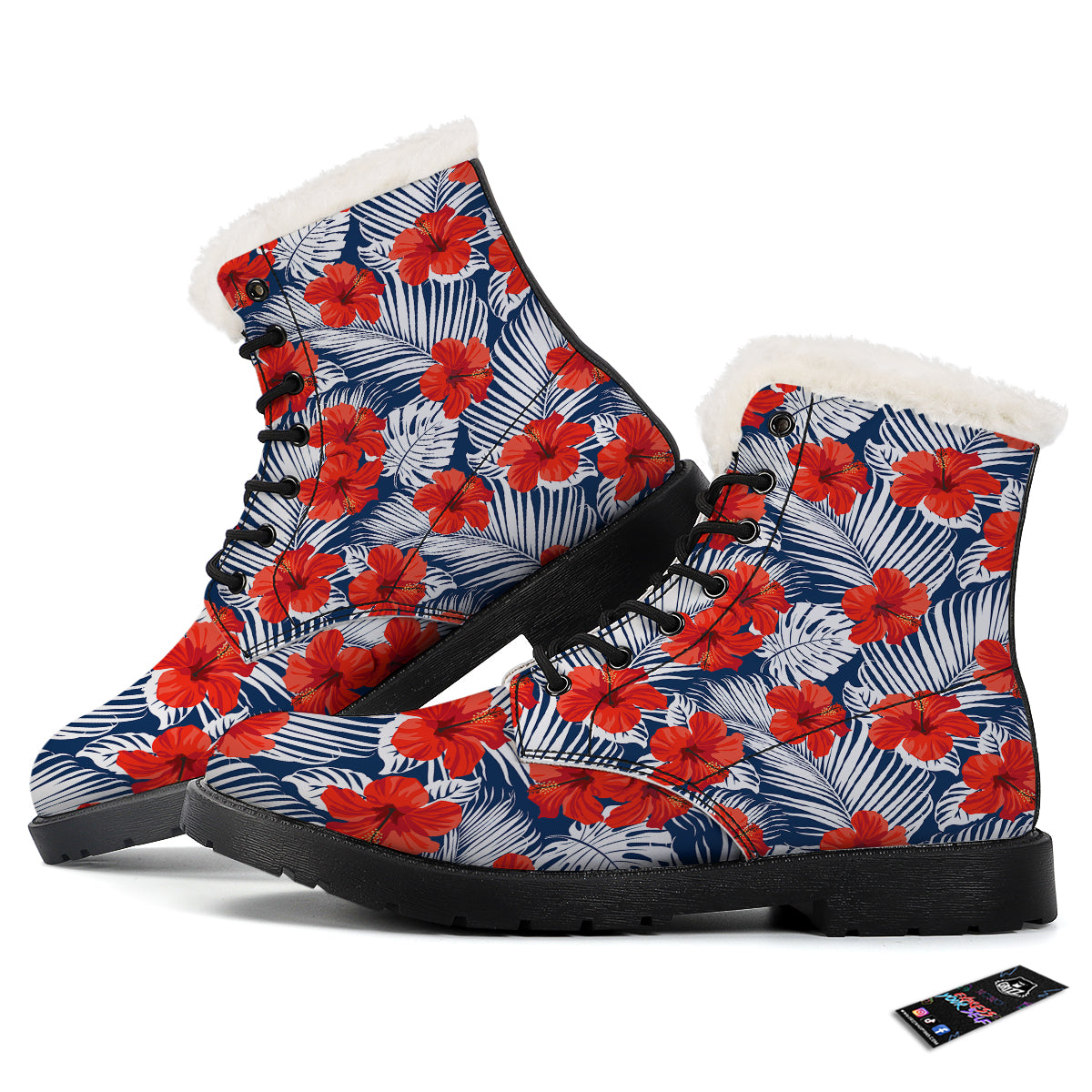 Hibiscus White Leaves Print Pattern Winter Boots-grizzshop