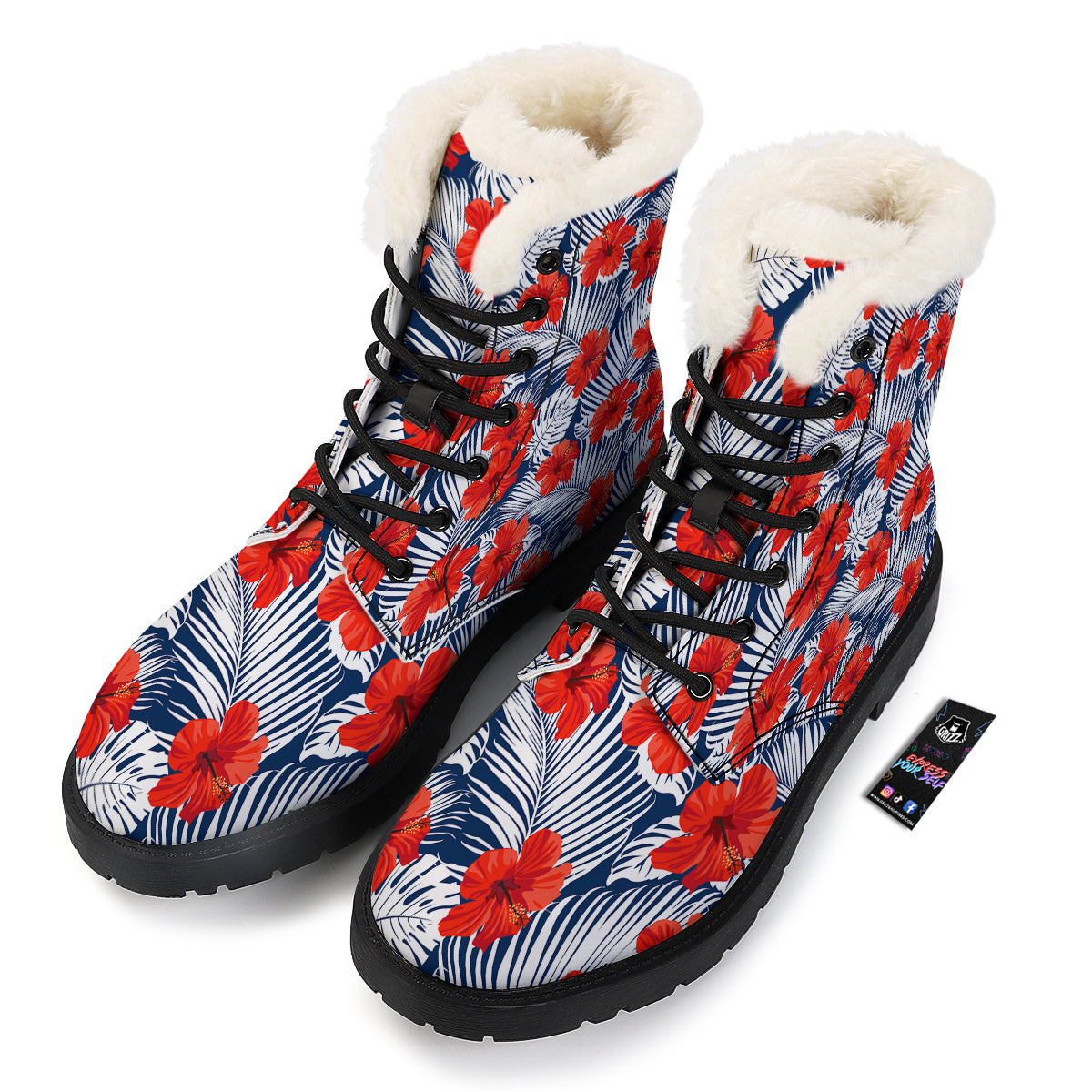 Hibiscus White Leaves Print Pattern Winter Boots-grizzshop