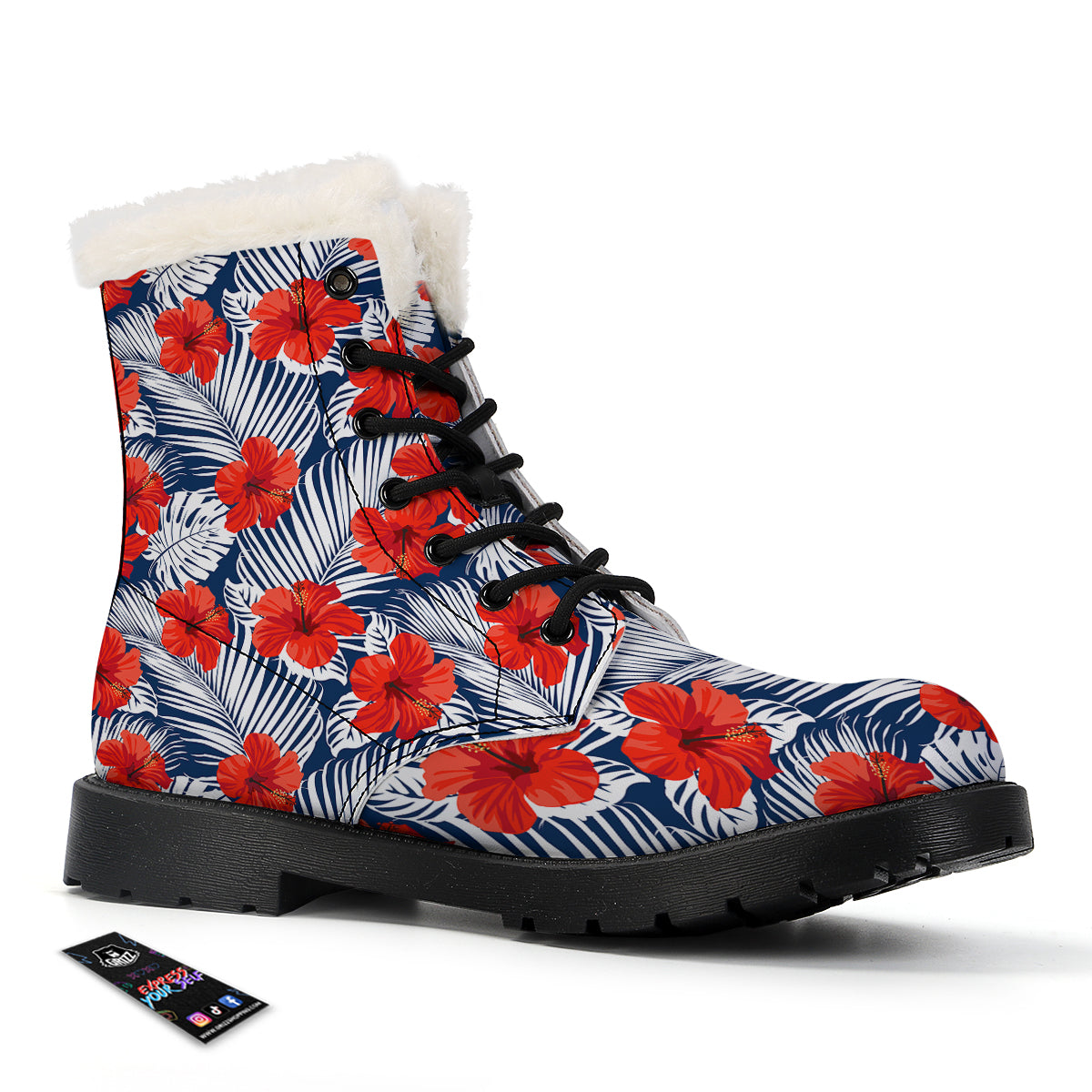 Hibiscus White Leaves Print Pattern Winter Boots-grizzshop