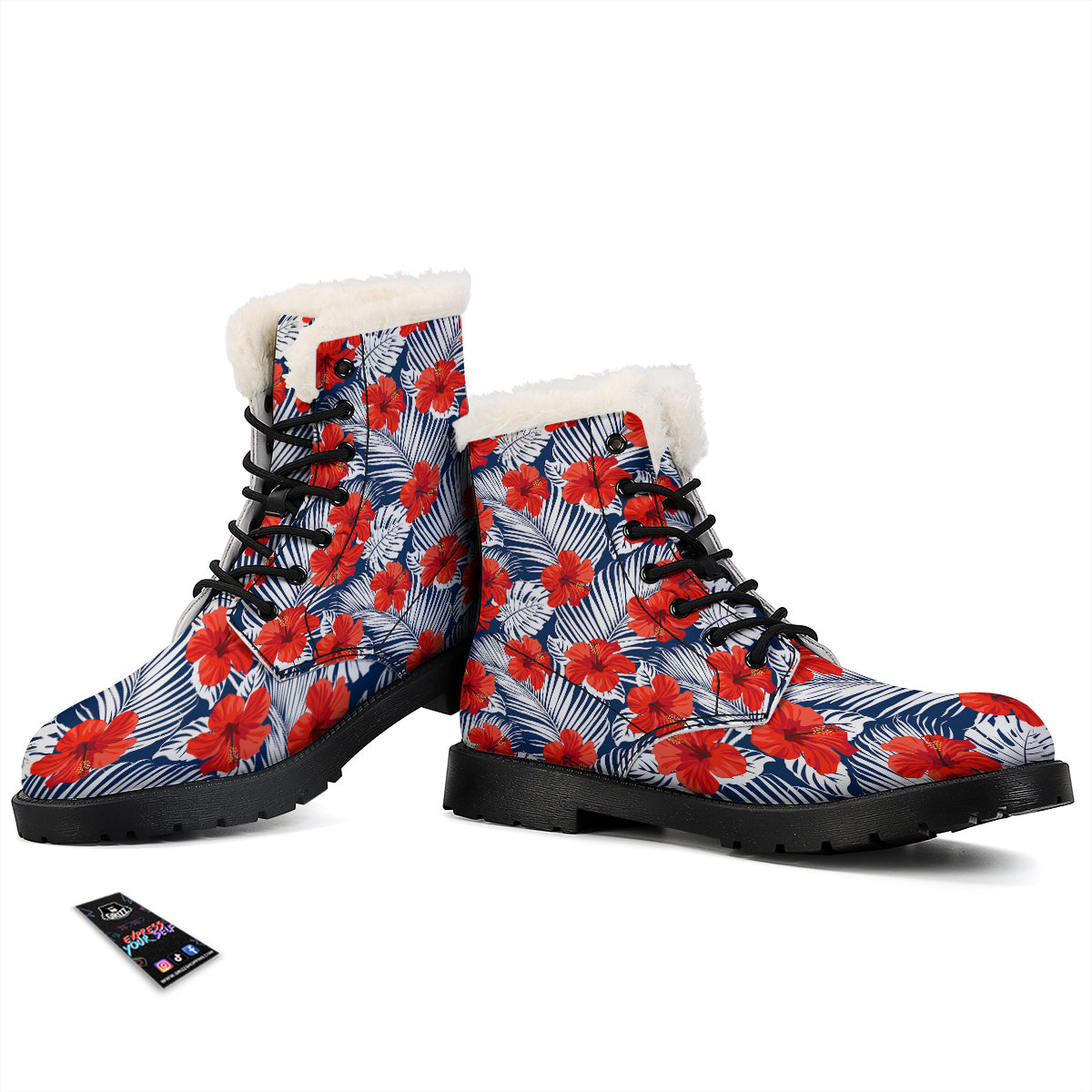 Hibiscus White Leaves Print Pattern Winter Boots-grizzshop