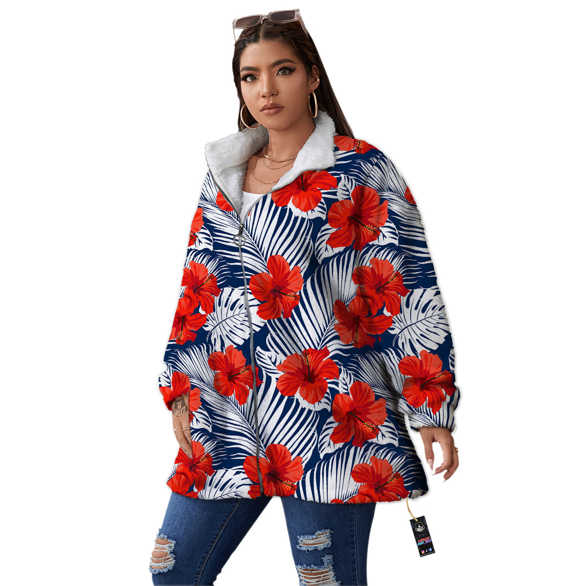 Hibiscus White Leaves Print Pattern Women's Sherpa Jacket-grizzshop