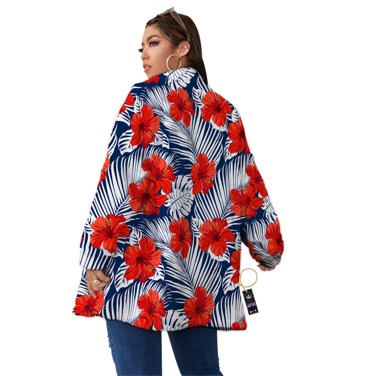 Hibiscus White Leaves Print Pattern Women's Sherpa Jacket-grizzshop