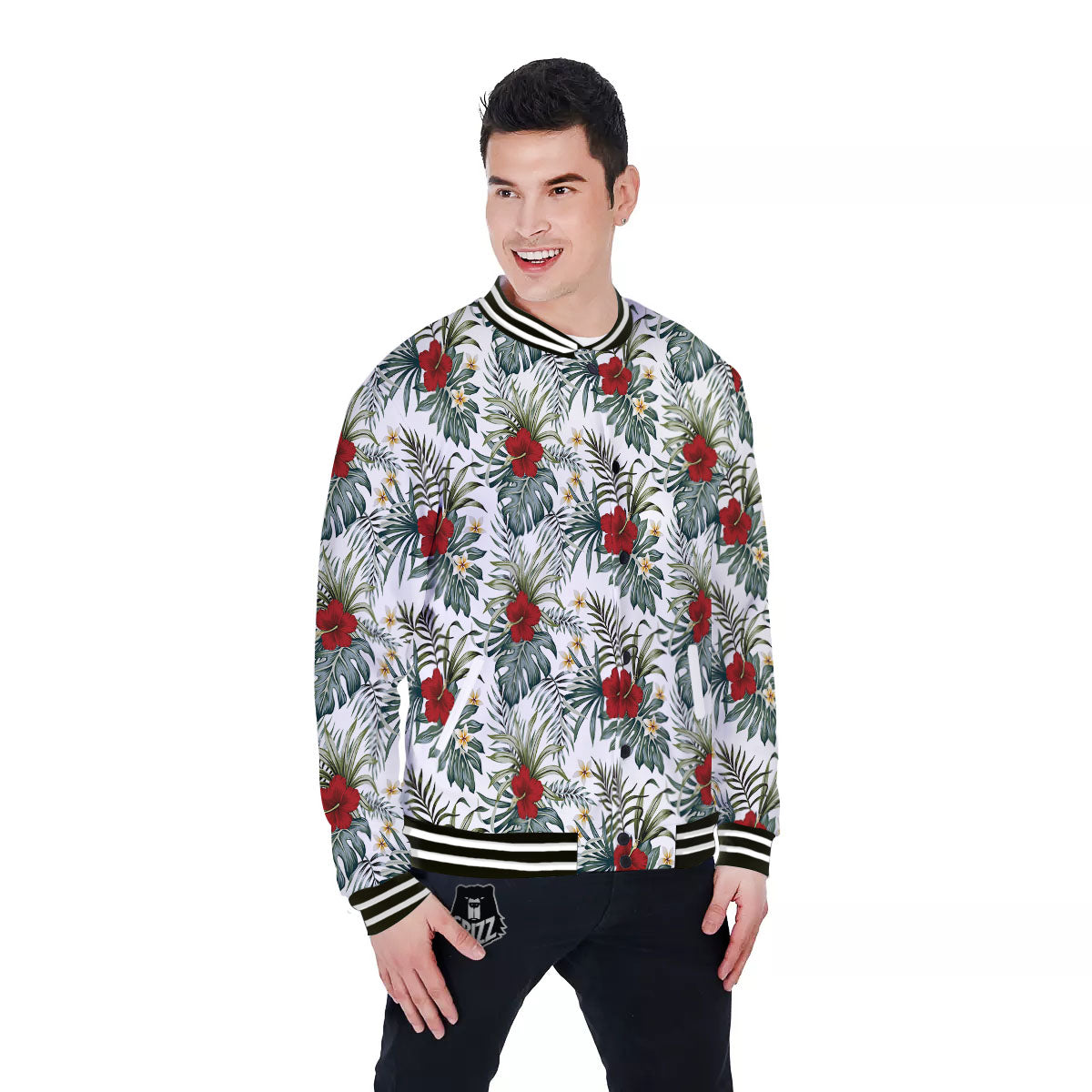 Hibiscus White Tropical Print Pattern Baseball Jacket-grizzshop