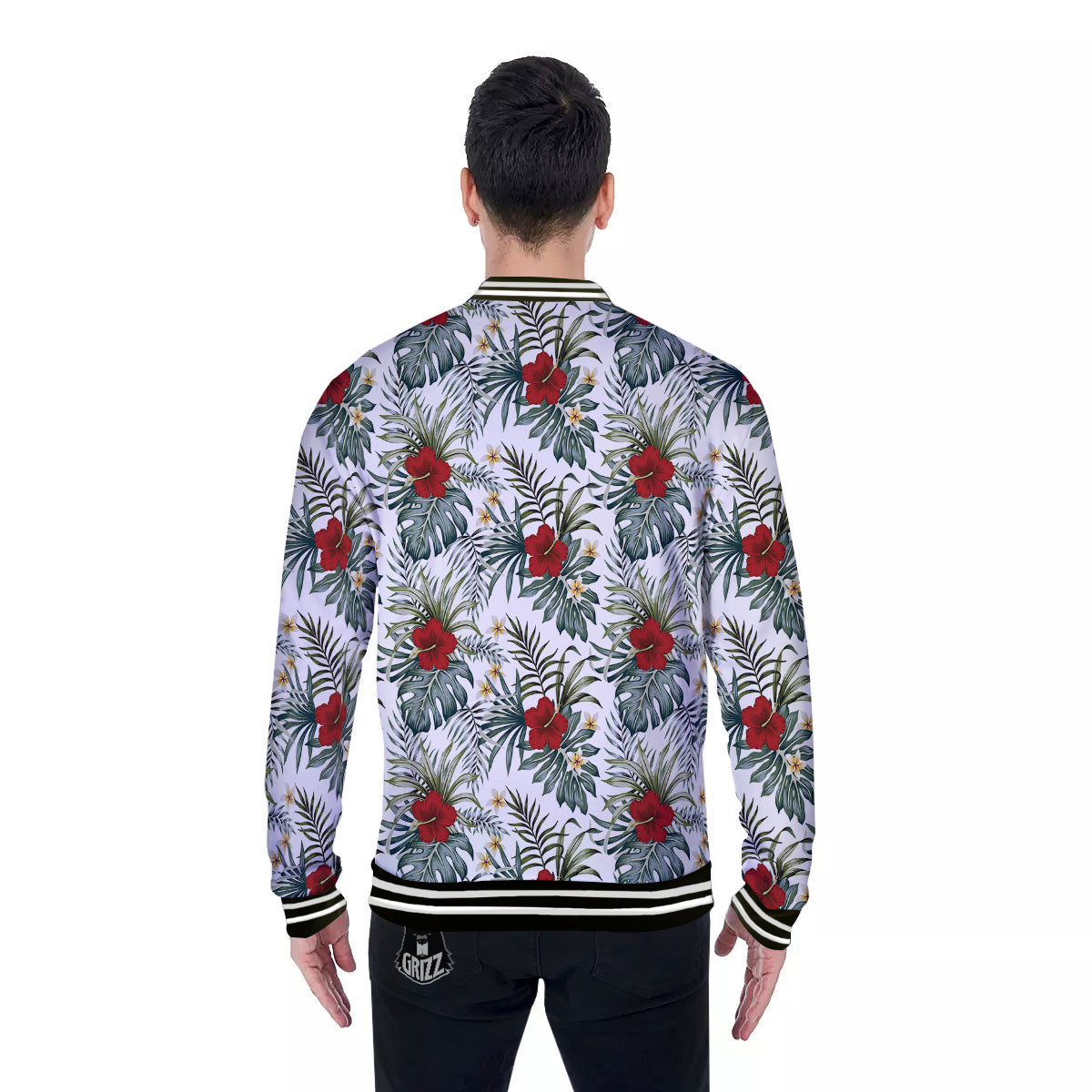 Hibiscus White Tropical Print Pattern Baseball Jacket-grizzshop