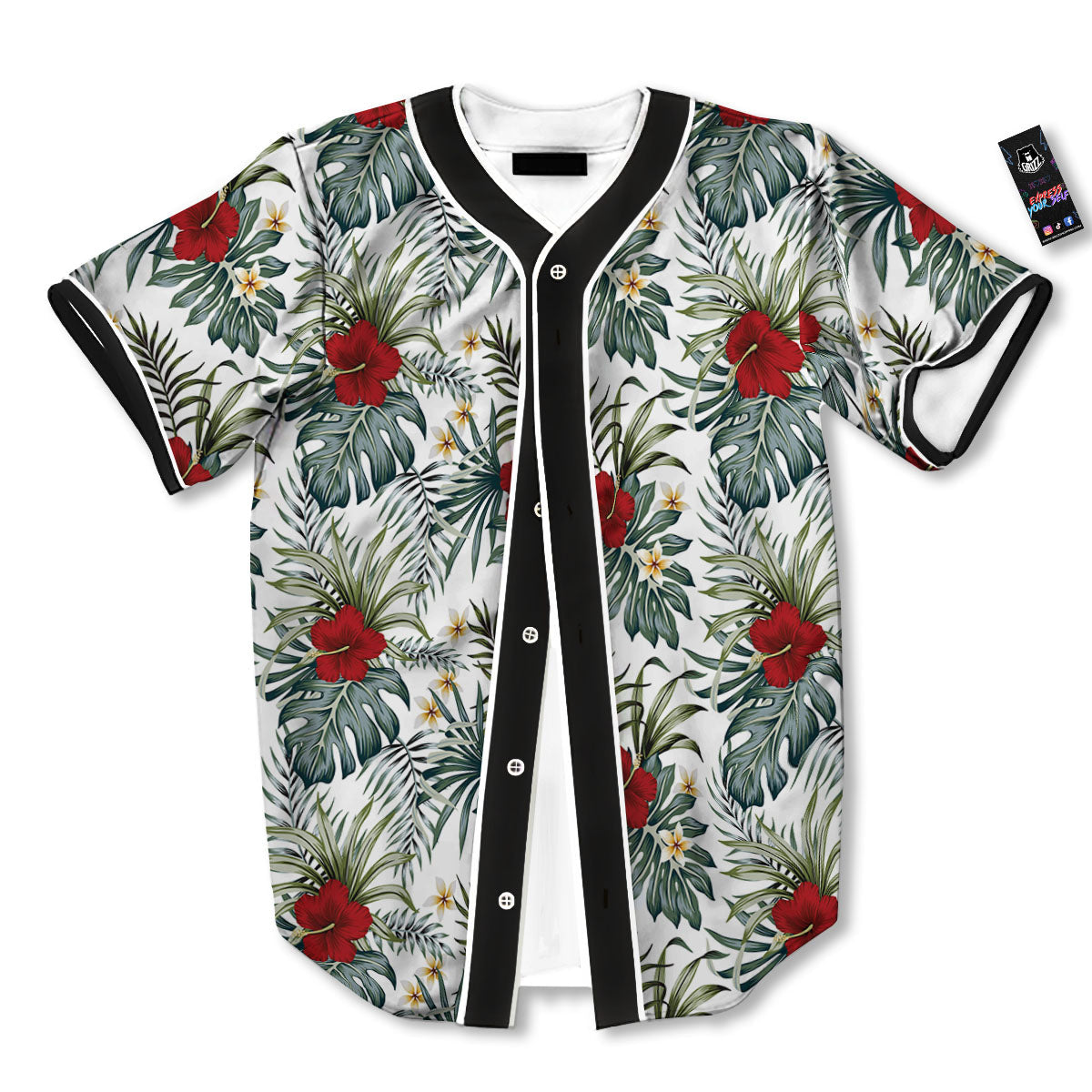 Hibiscus White Tropical Print Pattern Baseball Jersey-grizzshop