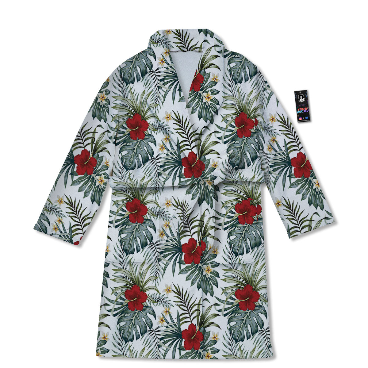 Hibiscus White Tropical Print Pattern Bathrobe-grizzshop