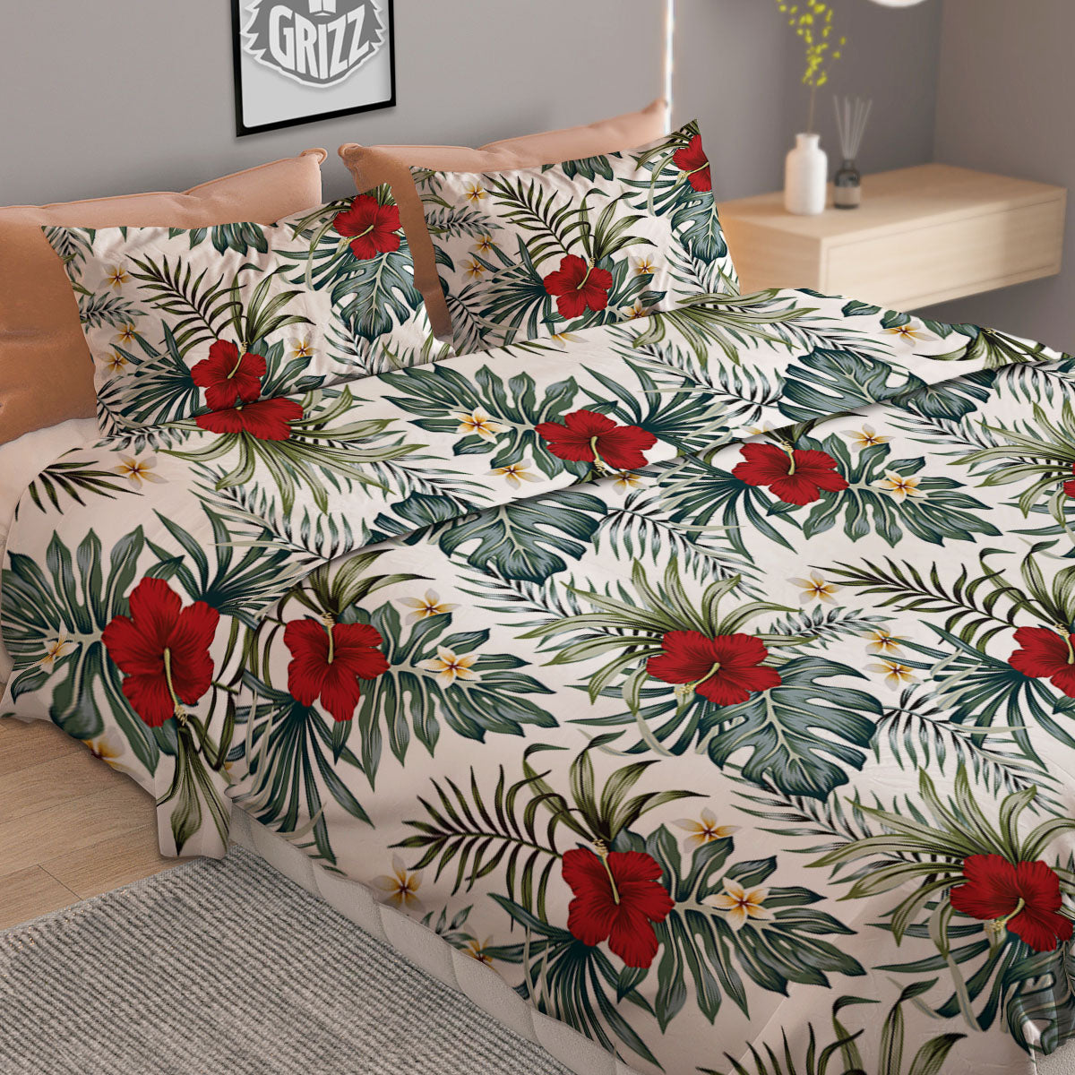 Hibiscus White Tropical Print Pattern Duvet Cover Bedding Set-grizzshop