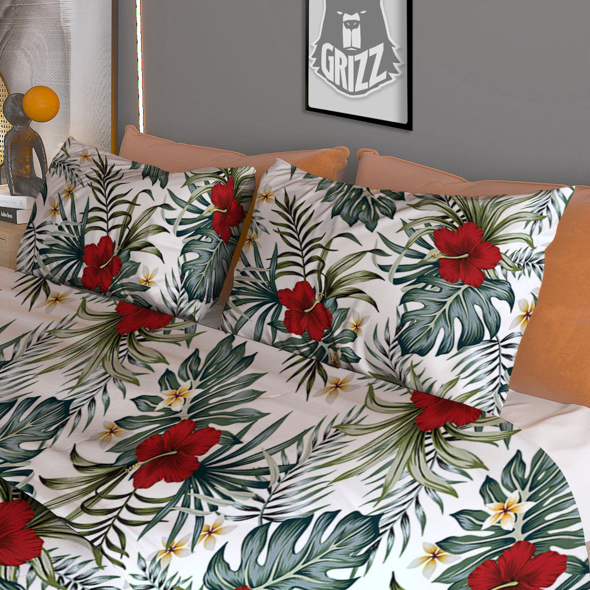 Hibiscus White Tropical Print Pattern Duvet Cover Bedding Set-grizzshop