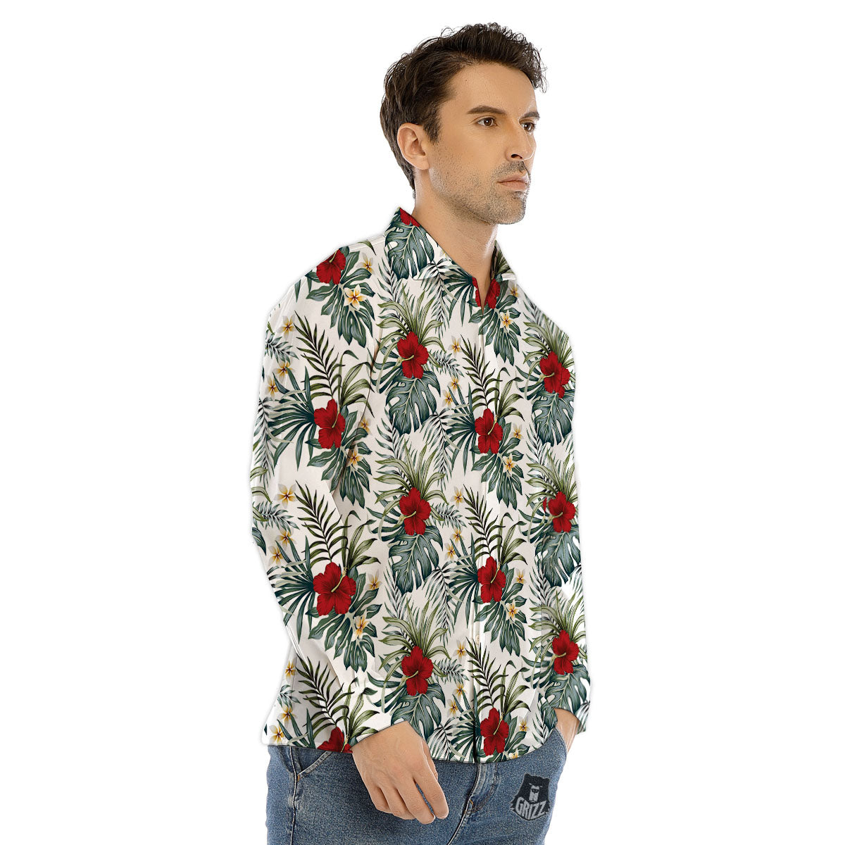 Hibiscus White Tropical Print Pattern Men's Dress Shirts-grizzshop