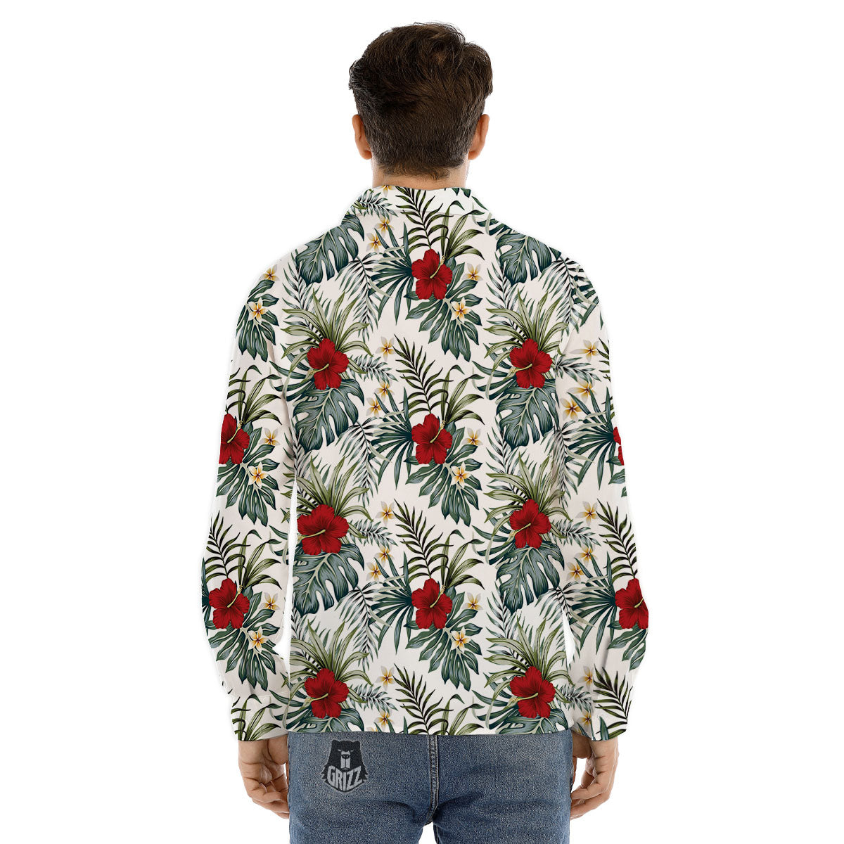 Hibiscus White Tropical Print Pattern Men's Dress Shirts-grizzshop