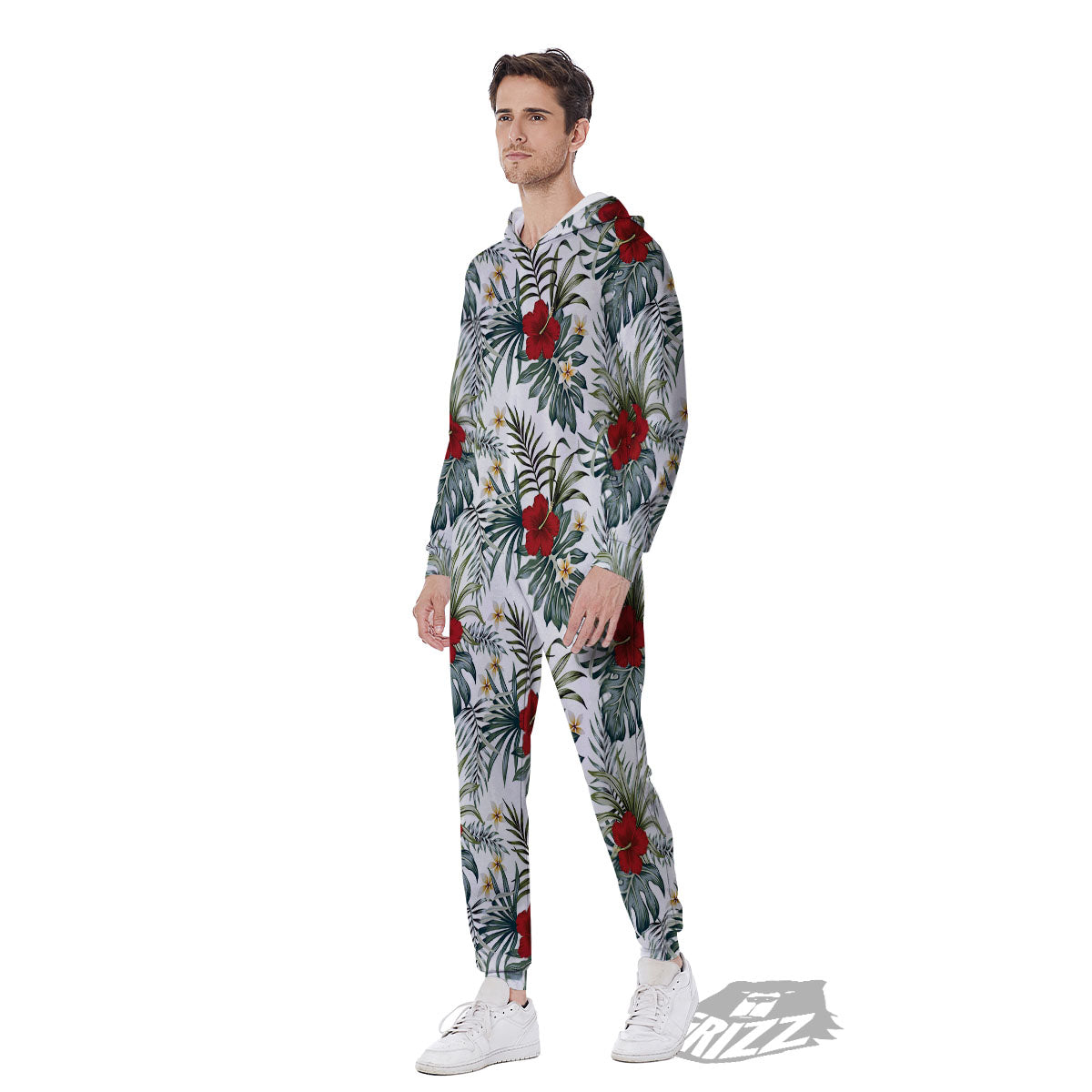 Hibiscus White Tropical Print Pattern Men's Jumpsuit-grizzshop
