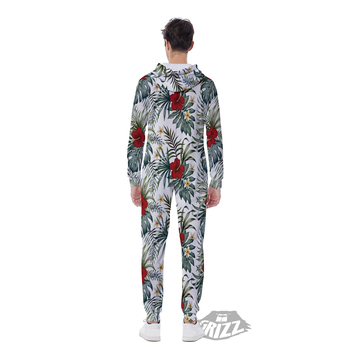 Hibiscus White Tropical Print Pattern Men's Jumpsuit-grizzshop