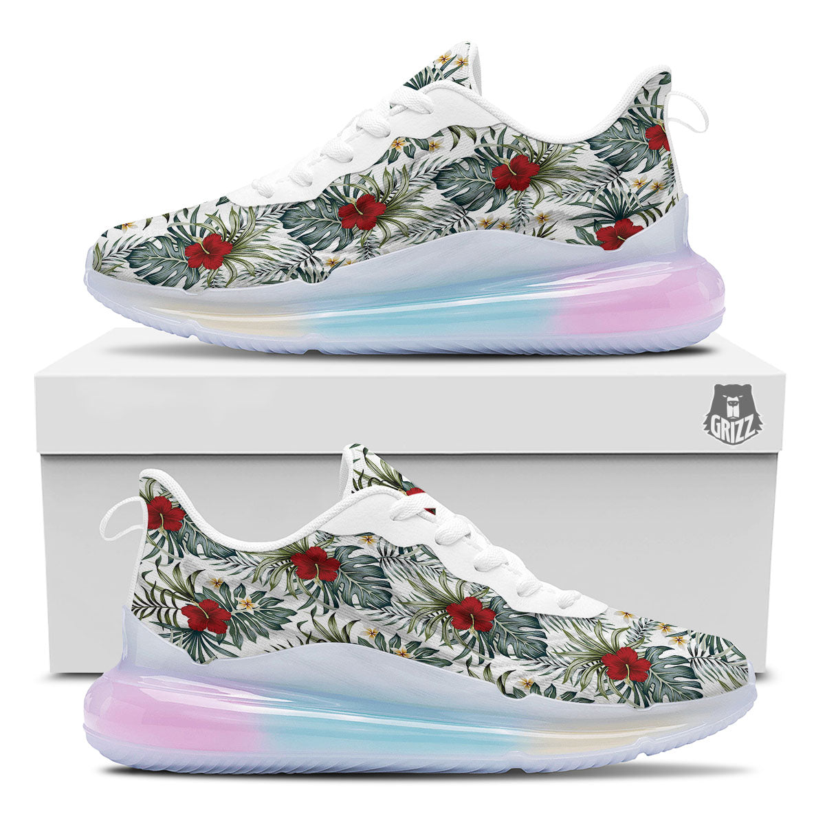 Hibiscus White Tropical Print Pattern Running Sneakers-grizzshop