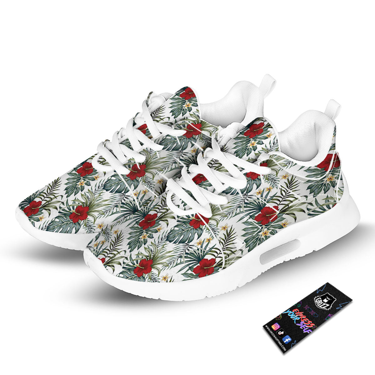 Hibiscus White Tropical Print Pattern Tennis Shoes-grizzshop