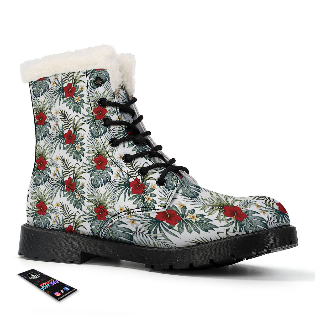 Hibiscus White Tropical Print Pattern Winter Boots-grizzshop