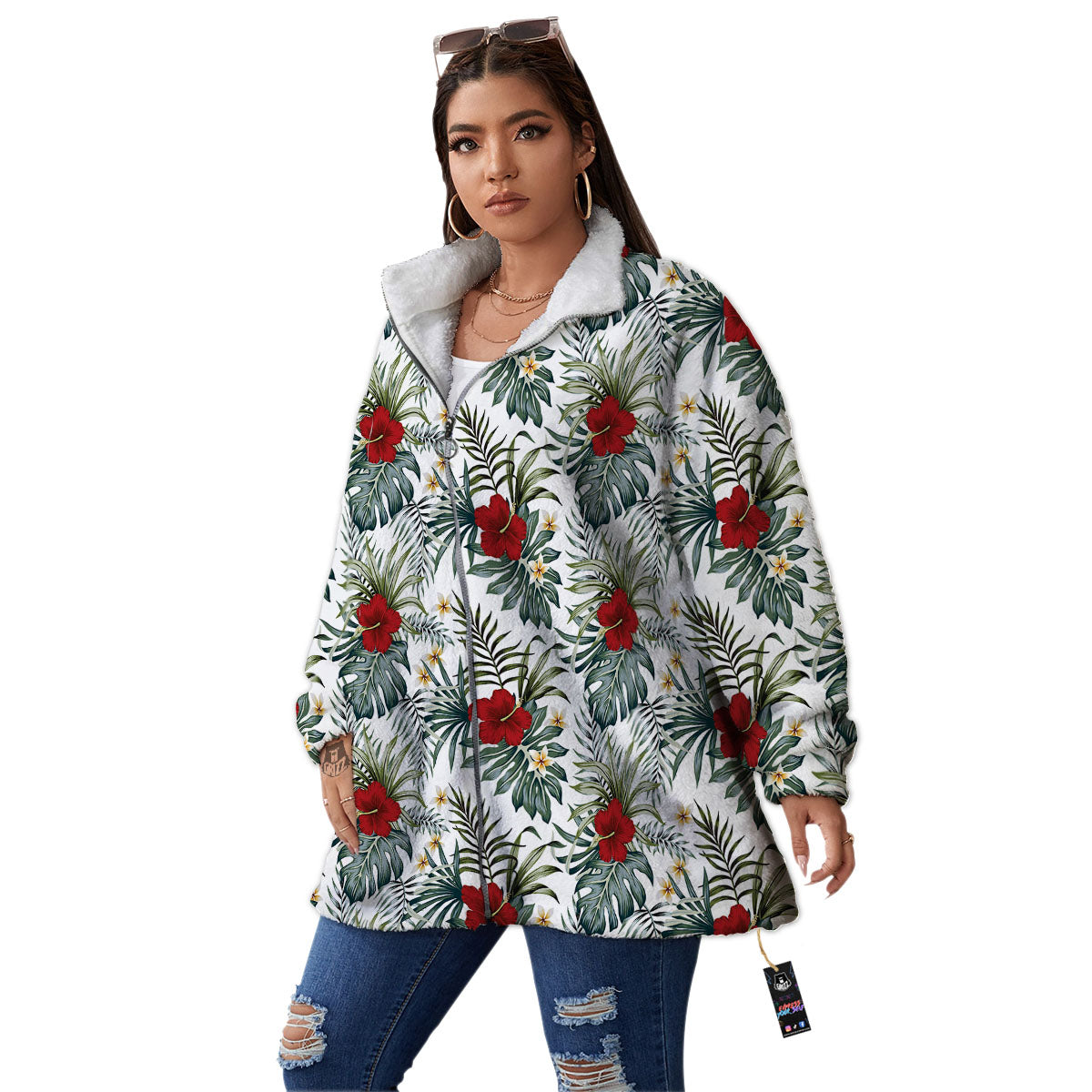 Hibiscus White Tropical Print Pattern Women's Sherpa Jacket-grizzshop