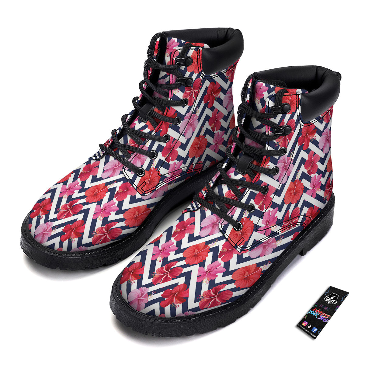 Hibiscus Zigzag Pink Print Pattern Boots-grizzshop