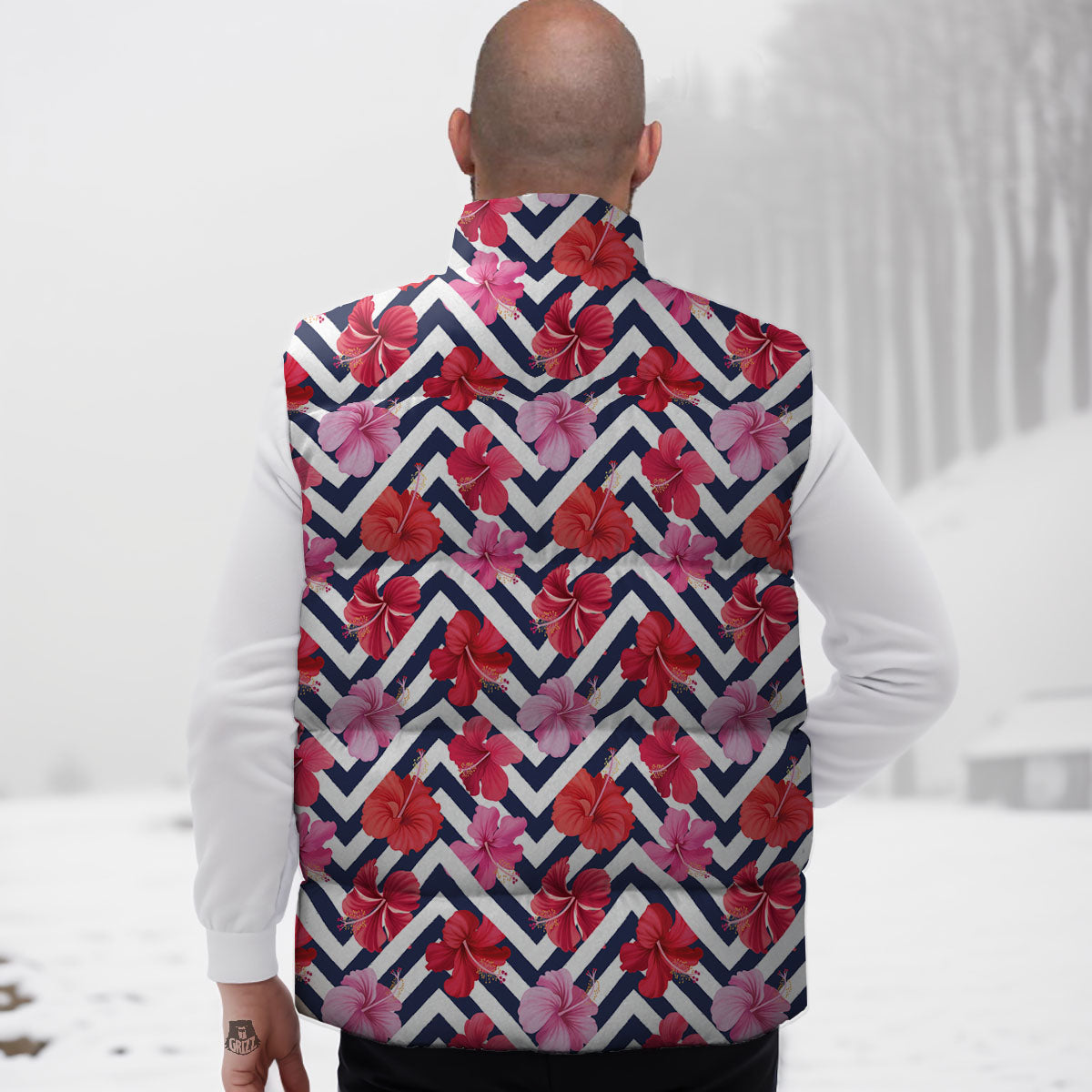 Hibiscus Zigzag Pink Print Pattern Down Vest-grizzshop