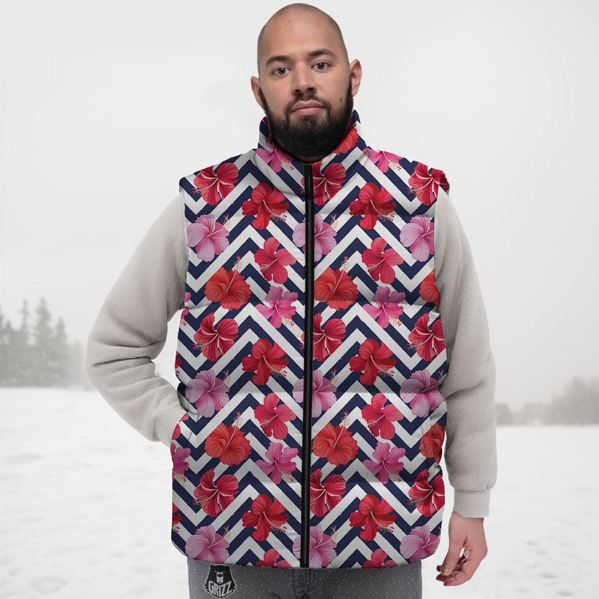 Hibiscus Zigzag Pink Print Pattern Down Vest-grizzshop