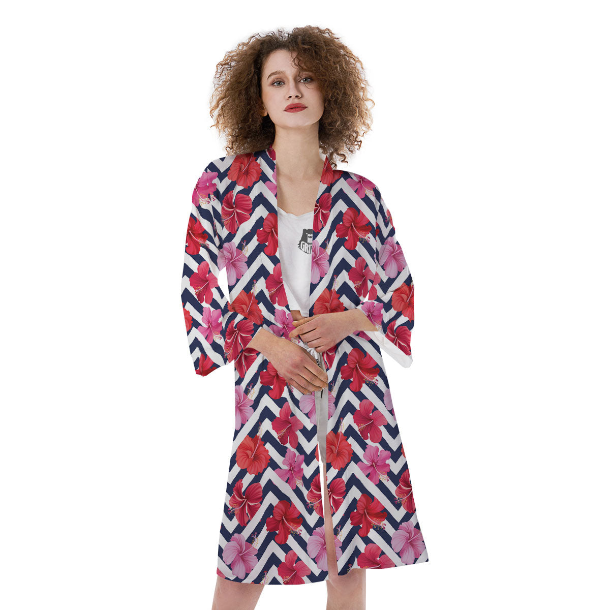 Hibiscus Zigzag Pink Print Pattern Kimono-grizzshop