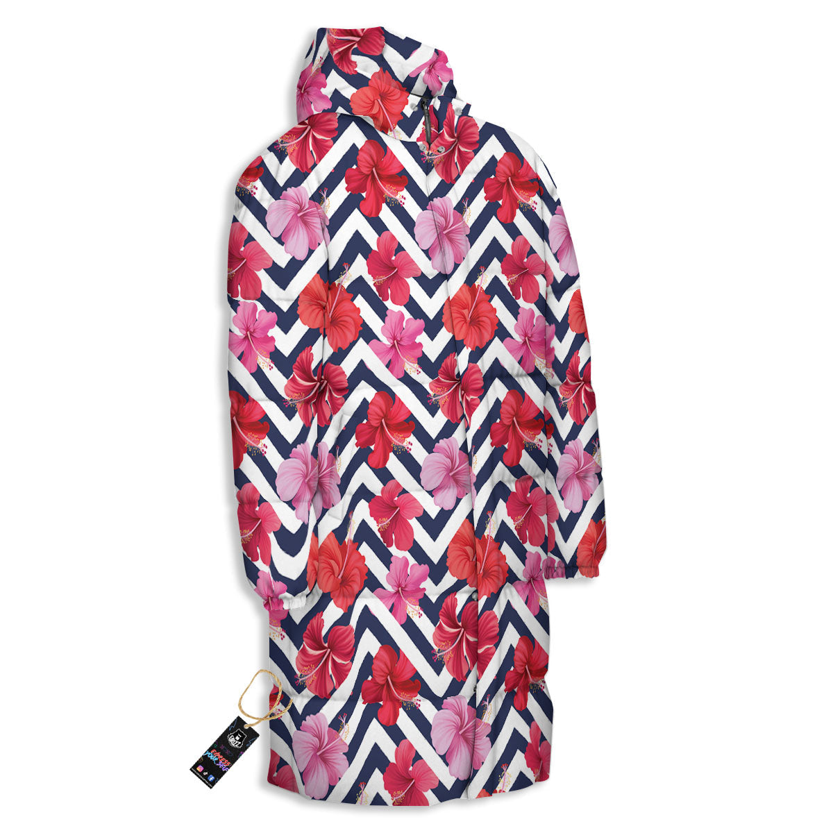 Hibiscus Zigzag Pink Print Pattern Long Down Jacket-grizzshop