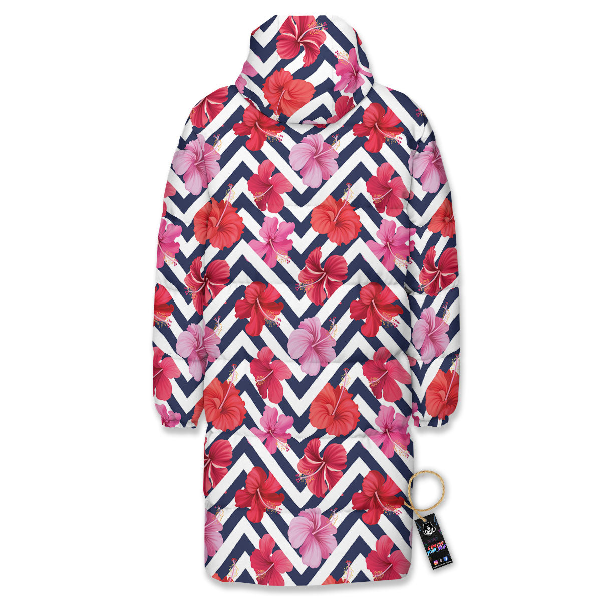 Hibiscus Zigzag Pink Print Pattern Long Down Jacket-grizzshop
