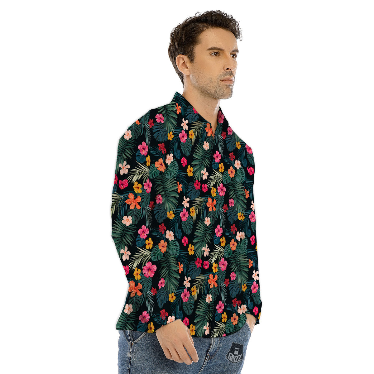 Hibiscus Zigzag Pink Print Pattern Men's Dress Shirts-grizzshop
