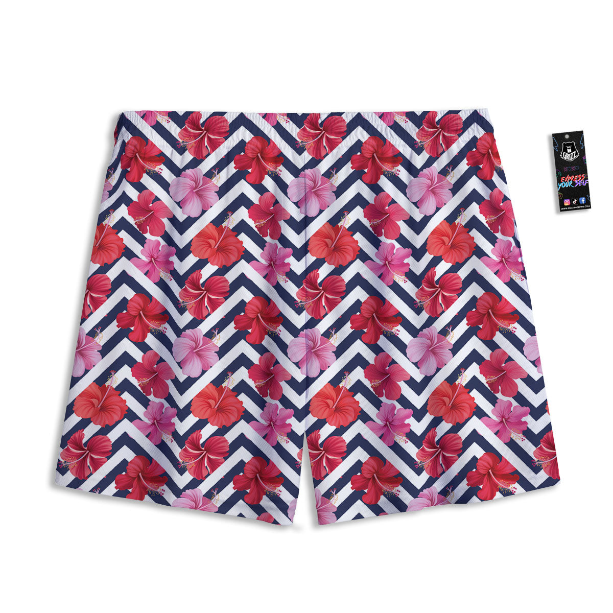 Hibiscus Zigzag Pink Print Pattern Mesh Shorts-grizzshop