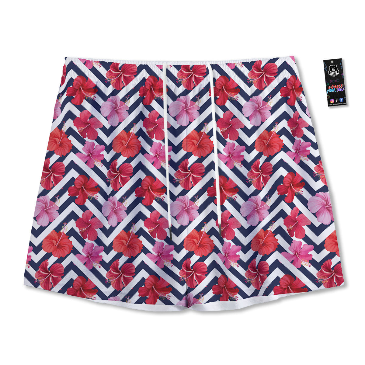 Hibiscus Zigzag Pink Print Pattern Mesh Shorts-grizzshop