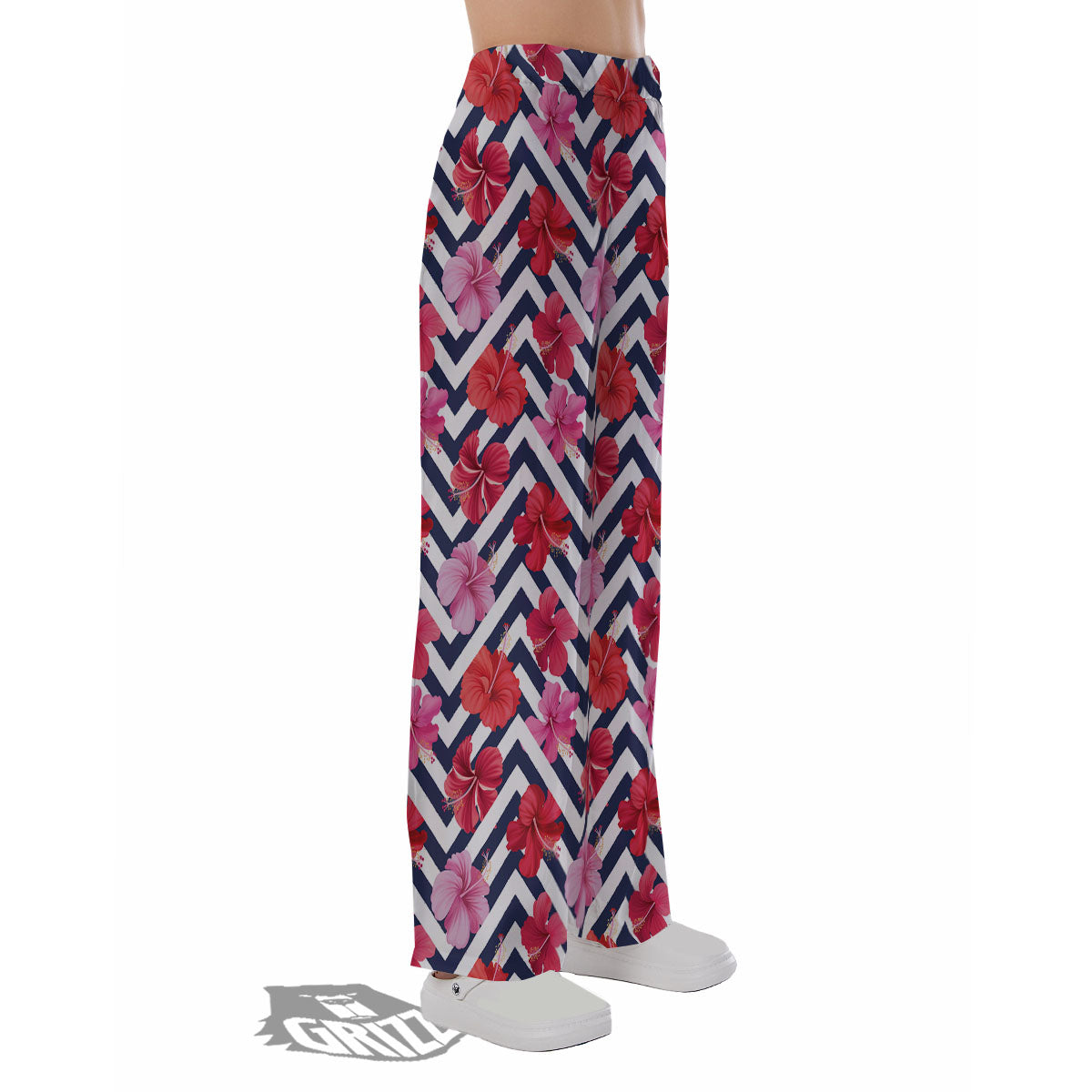 Hibiscus Zigzag Pink Print Pattern Pajama Pants-grizzshop