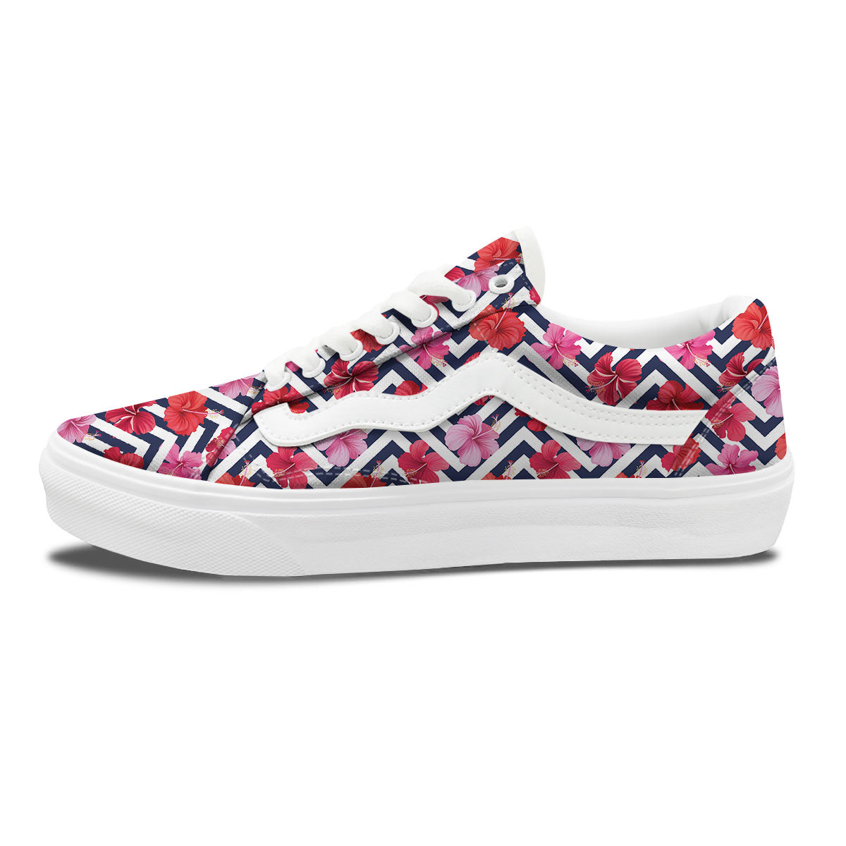 Hibiscus Zigzag Pink Print Pattern Skate Shoes-grizzshop