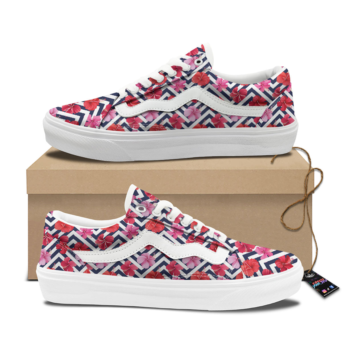 Hibiscus Zigzag Pink Print Pattern Skate Shoes-grizzshop
