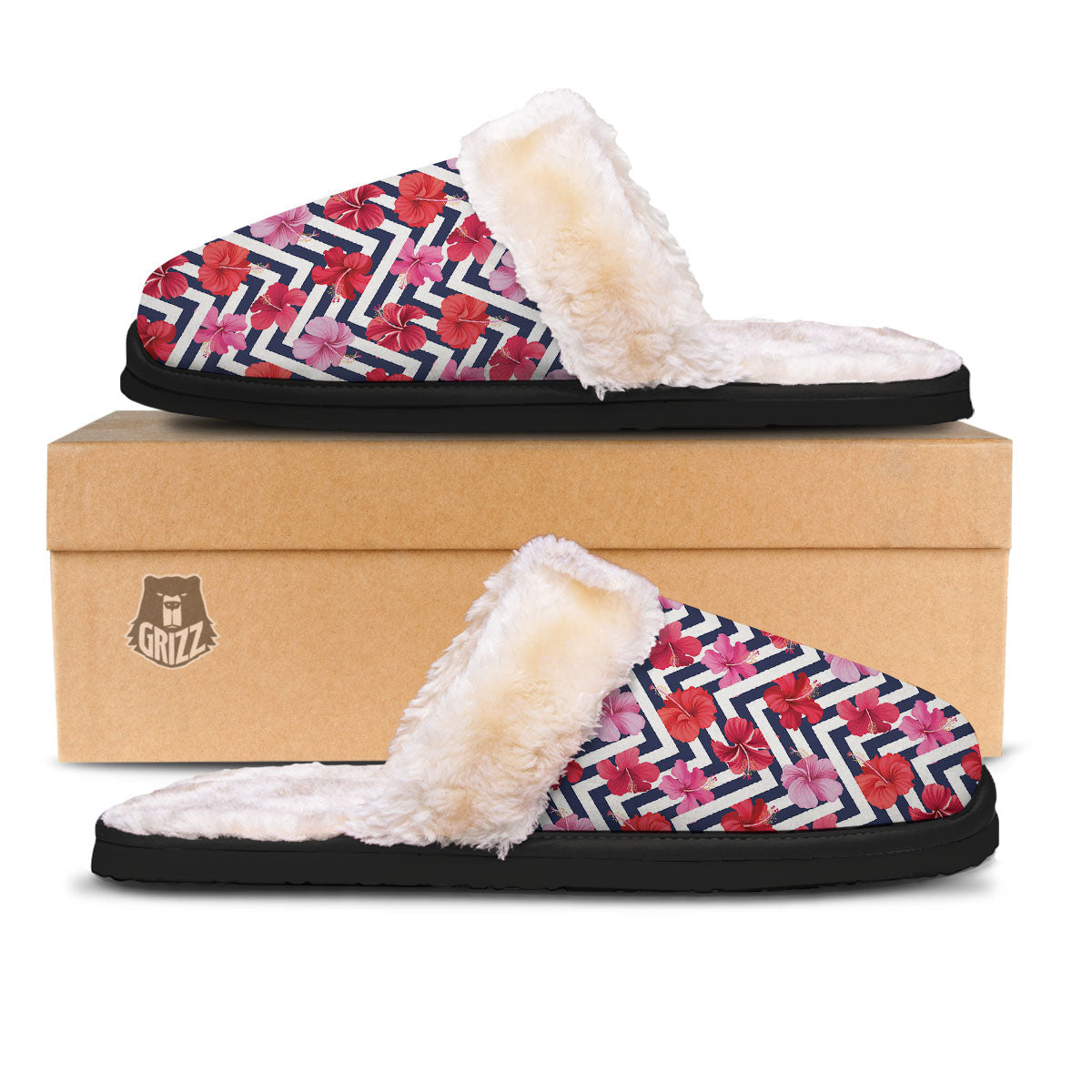 Hibiscus Zigzag Pink Print Pattern Slippers-grizzshop