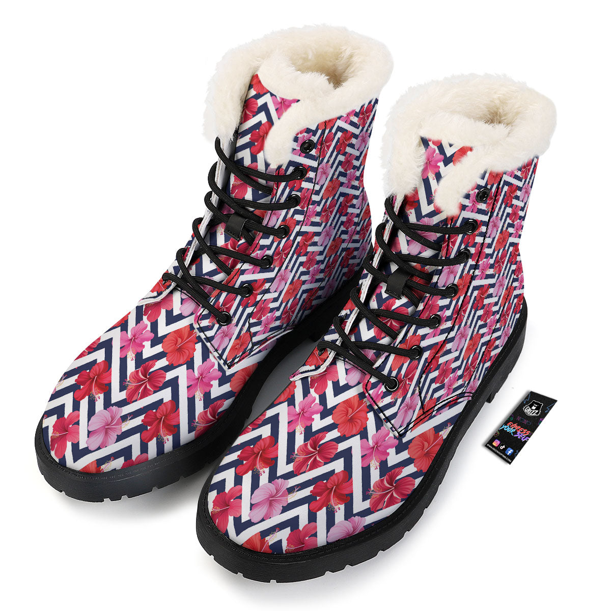 Hibiscus Zigzag Pink Print Pattern Winter Boots-grizzshop