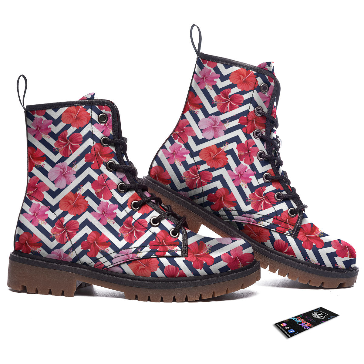 Hibiscus Zigzag Pink Print Pattern Work Boots-grizzshop