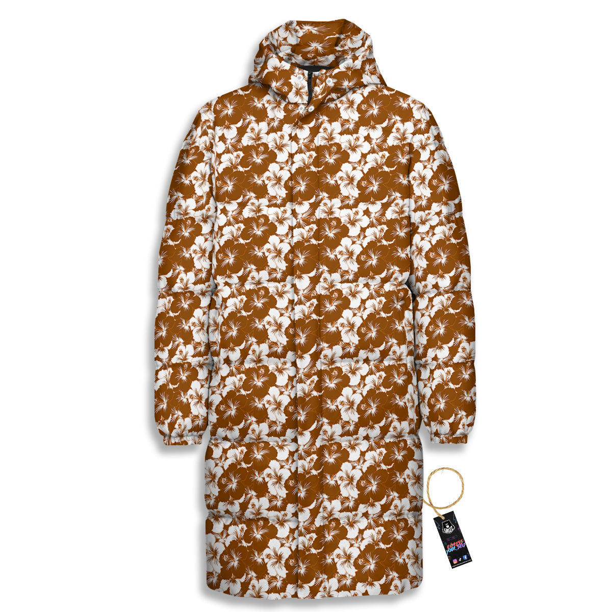 Hibiscus Flower Brown Camo Print Long Down Jacket