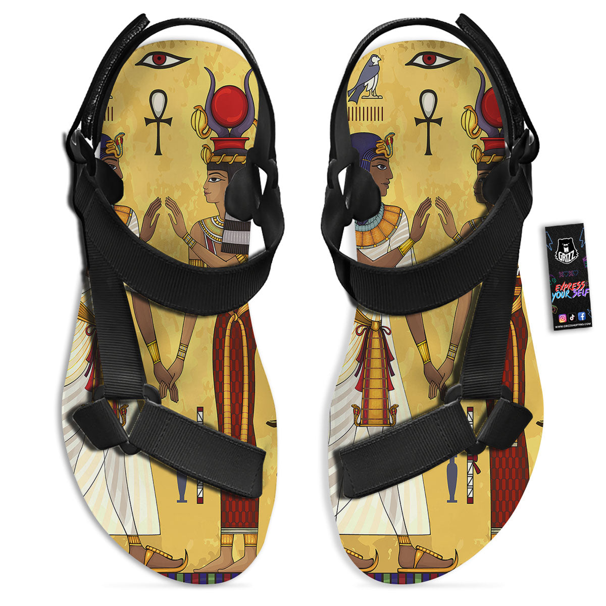 Hieroglyphs And Gods Egyptian Print Black Open Toe Sandals-grizzshop