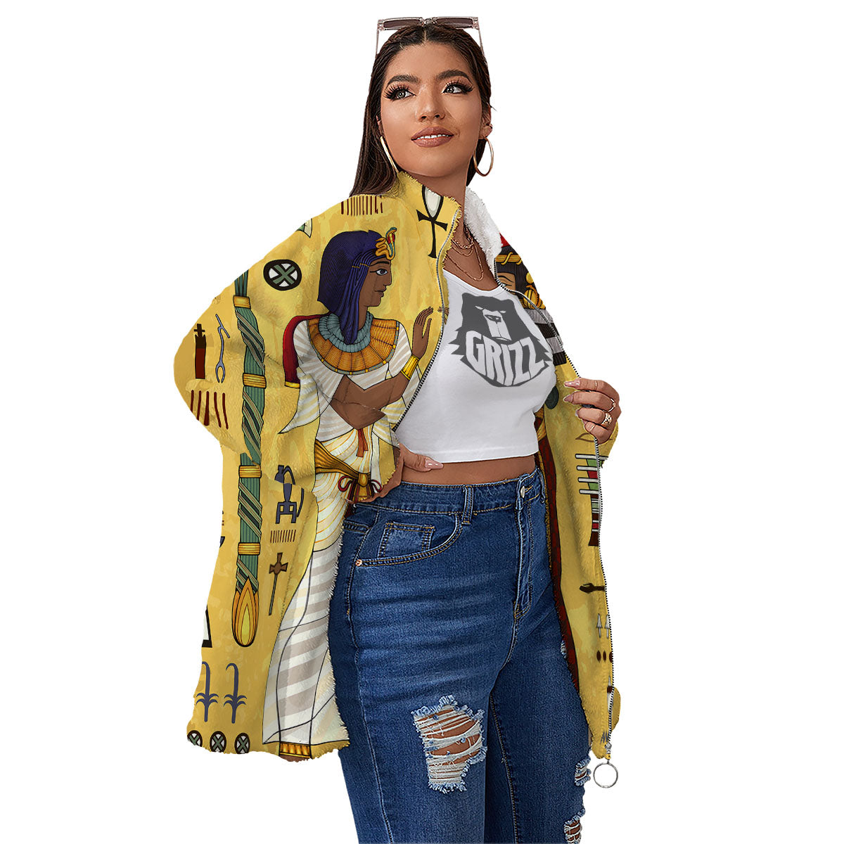 Hieroglyphs And Gods Egyptian Print Women's Sherpa Jacket-grizzshop