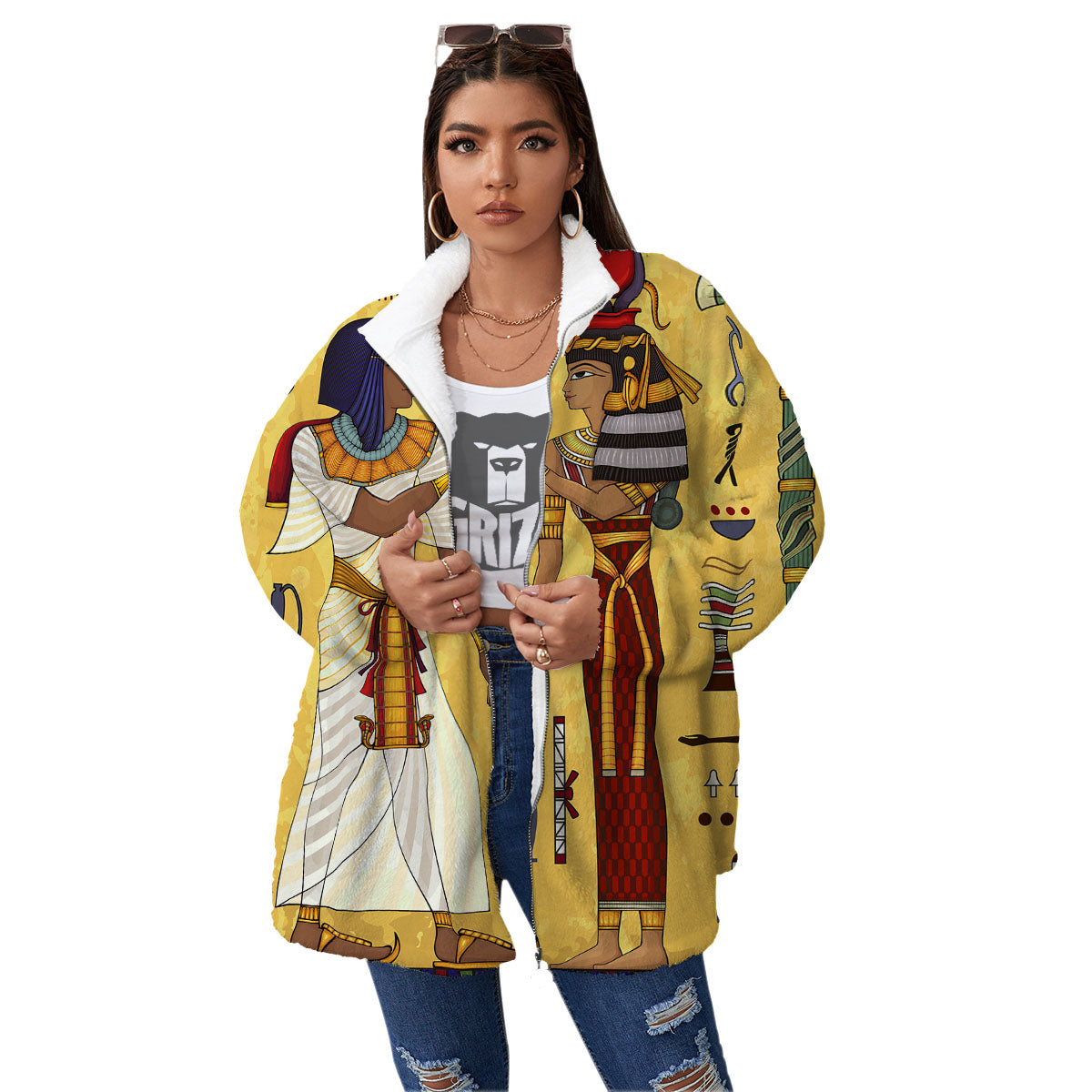 Hieroglyphs And Gods Egyptian Print Women's Sherpa Jacket-grizzshop