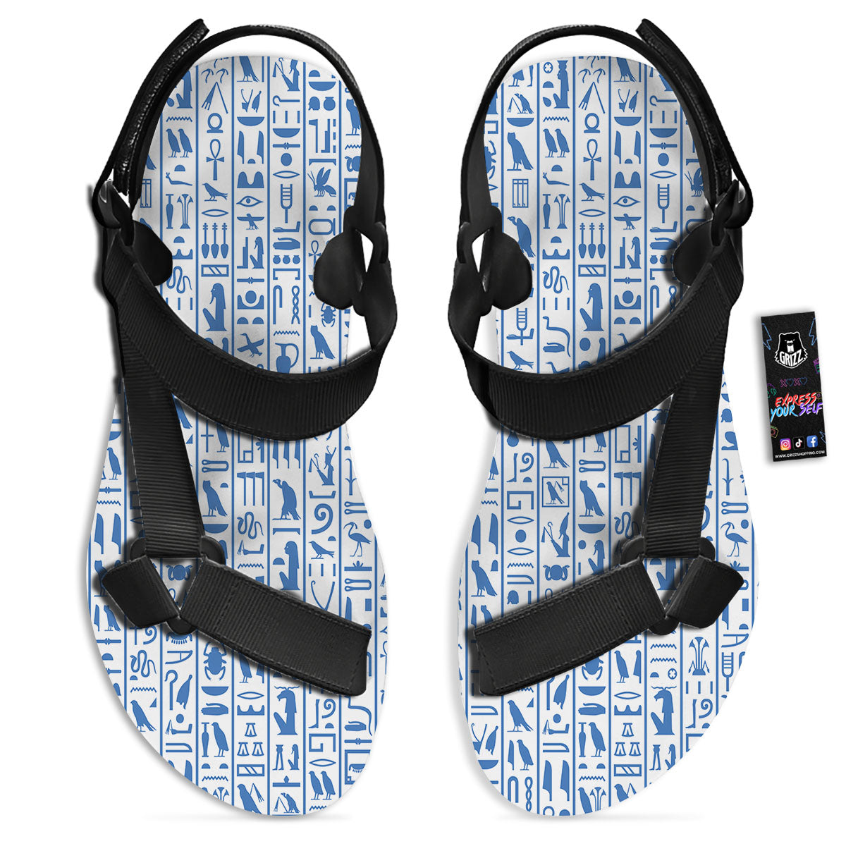 Hieroglyphs Egypt Print Pattern Black Open Toe Sandals-grizzshop
