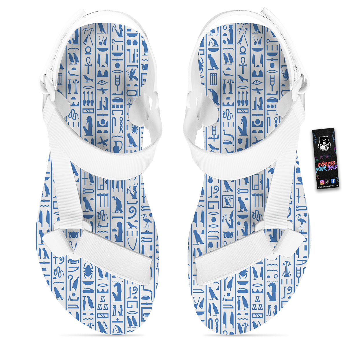 Hieroglyphs Egypt Print Pattern White Open Toe Sandals-grizzshop